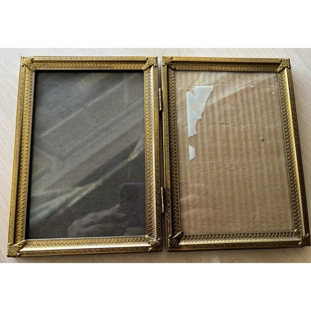 Vintage Photo Frame LOT of 2 Gold Metal Double 5 x 7 + 3 1/2 x 4 1/2 Intercraft